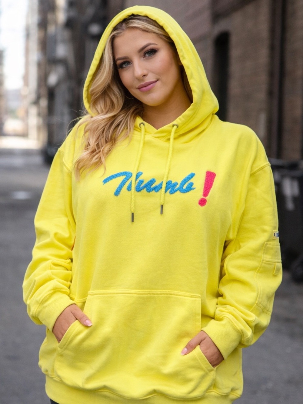 Women’s Yellow Hooded Pullover Sweatshirt with Embroidered Script